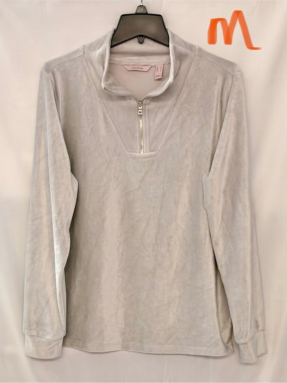 Light Gray Velour Half-Zip Turtleneck Pullover